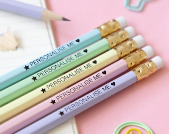 Personalised Name Pencils - Custom Hand-stamped Set of 5 pastel rainbow - Back to School Gift