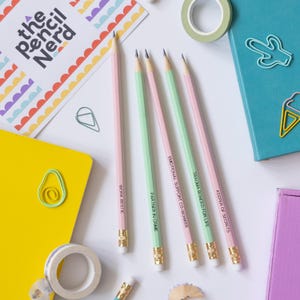 May include: Four pencils with different colored bodies and eraser tops. Each pencil has a different funny saying written on it in black text. The sayings are "Keeper of Secrets", "Trauma Bonded for Life", "Emotional Support Co-worker", "Partner in Crime", and "Work Bestie".