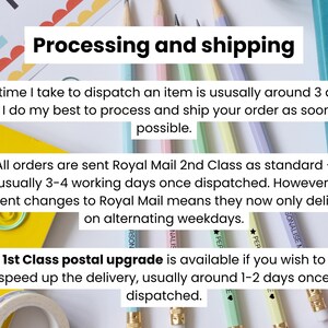 May include: Image with text detailing processing and shipping information. It states that items are usually dispatched within 3 days. It also mentions Royal Mail 2nd Class, taking 3-4 working days, and 1st Class postal upgrades for faster delivery.