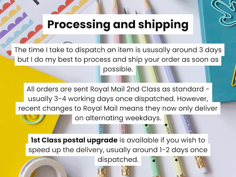 May include: Image with text detailing processing and shipping information. It states that items are usually dispatched within 3 days. It also mentions Royal Mail 2nd Class, taking 3-4 working days, and 1st Class postal upgrades for faster delivery.