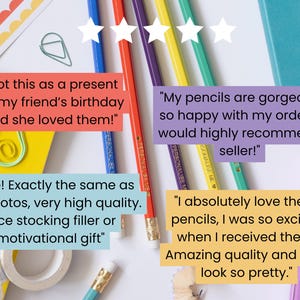 May include: A selection of colourful pencils with customer reviews. The pencils are blue, red, purple, yellow, and green. The image includes text from customer reviews, paperclips, and other stationery items.
