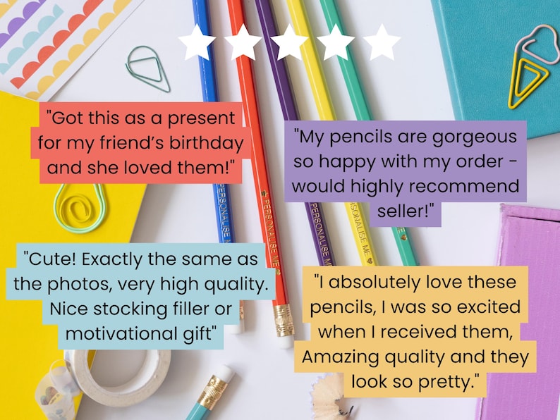 May include: A selection of colourful pencils with customer reviews. The pencils are blue, red, purple, yellow, and green. The image includes text from customer reviews, paperclips, and other stationery items.