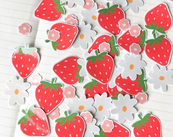 Strawberry stickers pack - Daisy floral aesthetic decoration - Flower and fruits - Gift for pink lover - Gift for her girlfriend bestfriend