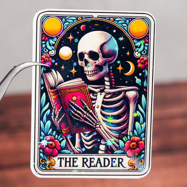 The reader tarot card sticker, Skeleton holding book Kindle waterproof vinyl, E reader reading gift, Kindle case decoration, Holographic