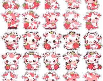 24 Strawberry cow stickers pack - Kawaii cute decoration - Adorable cuties - Gift for girlfriend mom - Pink aesthetic - Pretty planner deco