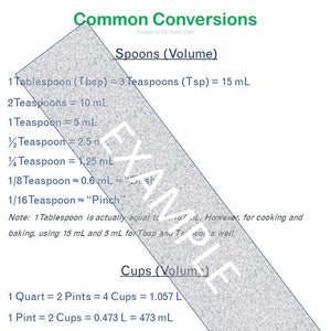 以下が含まれることがあります： 「一般的な換算」というタイトルの表には、米国慣用単位とメートル法の両方で、計量スプーンとカップの一般的な換算が記載されています。表には、大さじ、小さじ、クォート、パイント、カップの換算が含まれています。