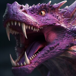 Puede incluir: Primer plano de la cabeza de un dragón morado con la boca abierta, mostrando dientes afilados y una lengua rosa. El ojo del dragón es visible, con un iris naranja brillante.