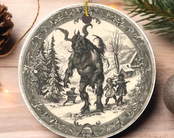 Krampus Ornament 2.9 inch | Victorian Engraving Style Holiday Ornament | Gothic Christmas Gift | Ceramic Glossy Finish