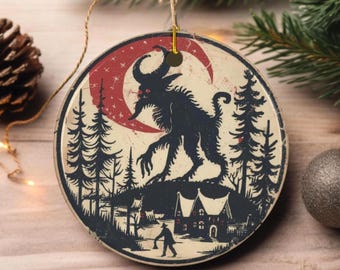 Krampus Howling at Red Crescent Moon Ceramic Ornament | Vintage European Style Christmas Decor | Krampus Holiday Gift | Dark Christmas Gift