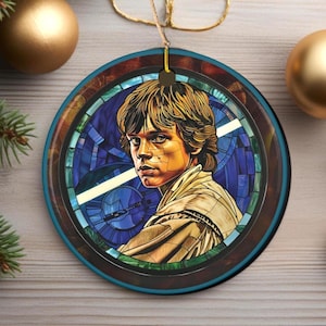 Blue Lightsaber Warrior Design Stained Glass Style Ceramic Ornament | Double-Sided Holiday Decoration