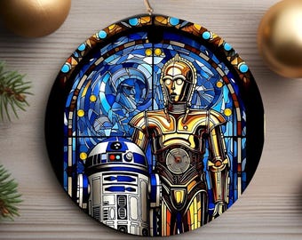 Droidmas Buddies - Stained Glass Style Galactic Art Ceramic Ornament -Galactic Companions Ceramic Ornament / Double-Sided