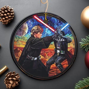 Epic Lightsaber Duel in Cloud City Stained Glass Style Ceramic Ornament | Double-Sided Galactic Good and Evil Ceramic Ornament
