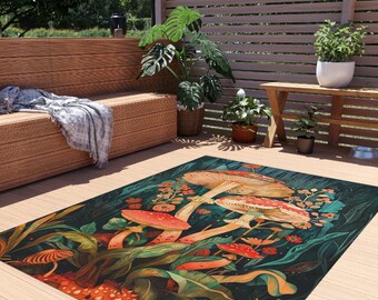 Vibrant Fantasy Mushroom Indoor/Outdoor Rug | Colorful Garden CottageCore Decor | Magical Mushrooms Rug