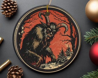 Old World Krampus Christmas Folklore Ceramic Ornament | Krampus in Snowy Winter Woods | Vintage Style Krampus Christmas Decoration