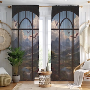 May include: Window curtains with a fantasy landscape design. The curtains feature a dark frame with a view of mountains, clouds, and flying dragons. The color palette includes shades of blue, brown, and red.