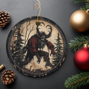 Horned Krampus in Red Robe Creeping in the Woods Ceramic Ornament | Krampus Christmas Holiday Tree | Dark Winter Ornament | Krampus Folklore