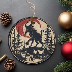 Krampus Howling at Red Crescent Moon Ceramic Ornament | Vintage European Style Christmas Decor | Krampus Holiday Gift | Dark Christmas Gift