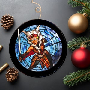 Lightsaber Duel Ahsoka's Might: Stained Glass Style Holiday Ornament / Ceramic Double-Sided Ornament