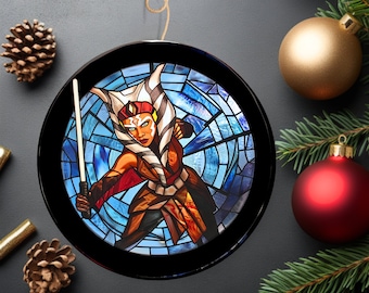 Lightsaber Duel Ahsoka's Might: Stained Glass Style Holiday Ornament / Ceramic Double-Sided Ornament