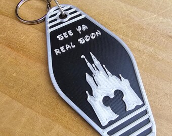 Magical Castle Vintage Style Keychain / "See Ya Real Soon" Silver & Black Retro Style Keychain / Vacation Club Vintage Keychain