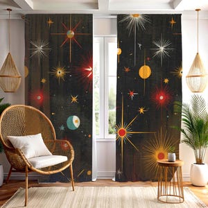 Mid Century Space Opera Blackout Curtain | Atomic Death Star Design | 50x84" Single Panel | MCM Star Wars Abstract | 100% Polyester