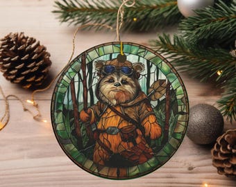 Woodland Warrior with Spear Stained Glass Style Ceramic Ornament | Double-Sided Holiday Galactic Decoration | Sci-Fi Inspired Gift