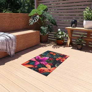 Hibiscus Rug Tropical Hibiscus, Plumeria and Green Leaves Indoor/outdoor Rug ...