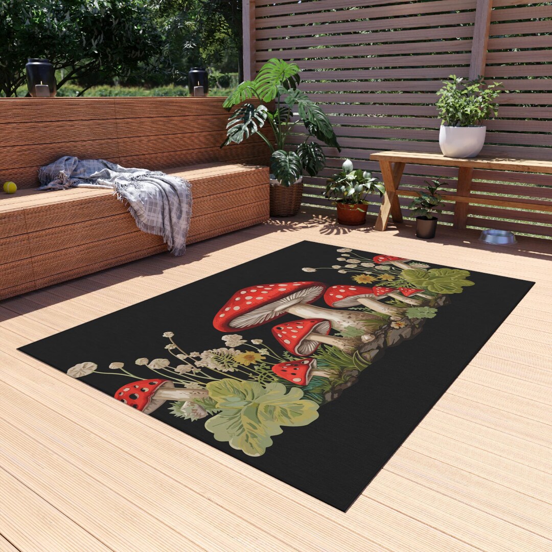 Toadstool Rug Cottagecore Black Outdoor Rug With Large Red Toadstool Mushrooms ...