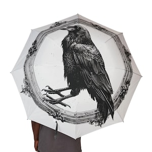Victorian Crow Umbrella | Gothic Raven Frame Umbrella | Black & White Elegant Rain Gear | The Raven Umbrella | Edgar Allan Poe Nevermore