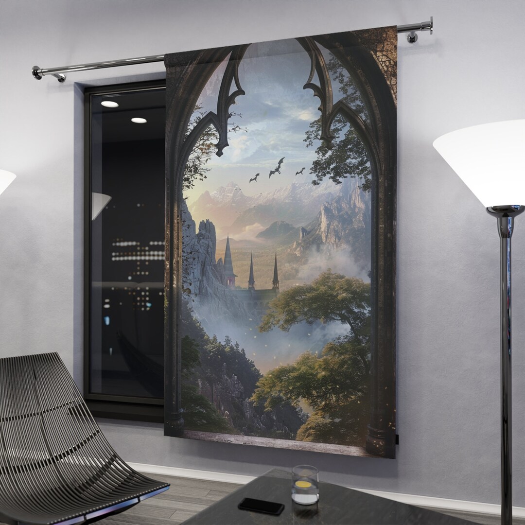 Window Blackout Curtain - #3 Fantasy Castle Window With Misty Mountains ...