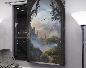 Window Blackout Curtain - #3 Fantasy Castle Window with Misty Mountains and Flying Dragons - Perfect Gift for Fantasy Lovers - 50&quot; × 84&quot;