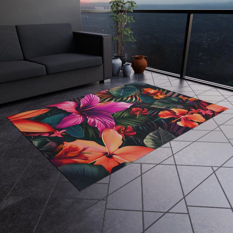 Hibiscus Rug Tropical Hibiscus, Plumeria and Green Leaves Indoor/outdoor Rug ...