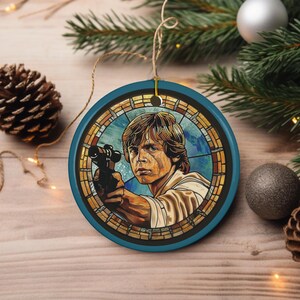 Heroic Blaster-Wielding Warrior Galatic Design Stained Glass Style Ceramic Ornament | Double-Sided Holiday Decoration