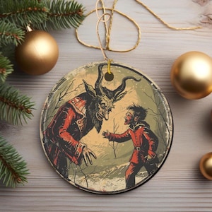 ヴィンテージスタイルのクランプスナハトセラミッククリスマスオーナメント、両面プリントクリスマスツリーオーナメント、怖いクリスマスギフト、ドイツの民間伝承