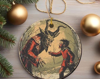 Vintage Style Krampusnacht Ceramic Christmas Ornament, 2-Sided Print Christmas Tree Ornament, Scary Christmas Gift, German Folklore