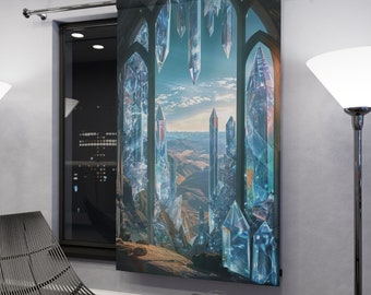 Window Blackout Curtain -#1 Fantasy Castle Window with Crystal Landscape - Perfect Gift for Fantasy Lovers - 50" × 84"