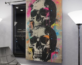 Window Blackout Curtain - Black and White Skulls with Graffiti Splashes of Bright Color - Perfect Gift for Punk 80&#39;s Decor - 50&quot; × 84&quot;