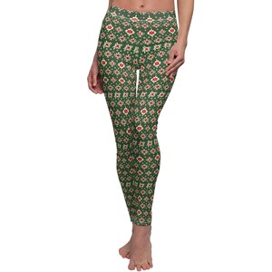 Leggings, Ugly Christmas Vintage Green Wrapping Paper Design, Festive Holiday Pants, Women&#39;s Casual Apparel, Winter Fashion Accessory, Comfy