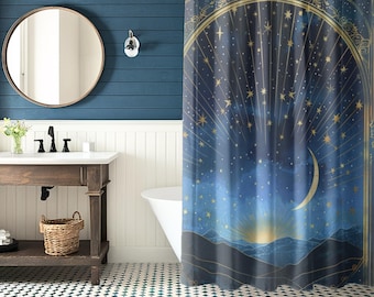 Celestial Moon & Stars Shower Curtain - 71x74 Inches | Royal Blue Sky with Gold Accents | Perfect Gift for Cosmic Art Fans!