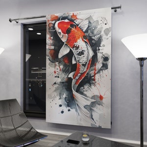 May include: A watercolor painting of a red and white koi fish swimming in a splash of water. The background is a light gray with black and gray watercolor splatters.