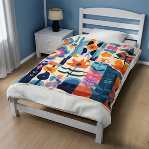Vibrant Garden Plush Velveteen Blanket - Mary Blair Inspired - Super Soft - Three Sizes Available 画像 9