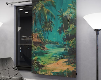 Window Blackout Curtain - South Seas Tropical Paradise Lagoon - Perfect Gift for Tiki Fans - Tiki Bar Decor  - 50&quot; × 84&quot;