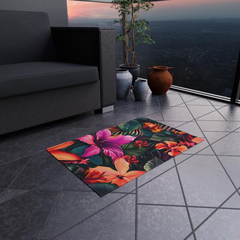 Hibiscus Rug Tropical Hibiscus, Plumeria and Green Leaves Indoor/outdoor Rug ...
