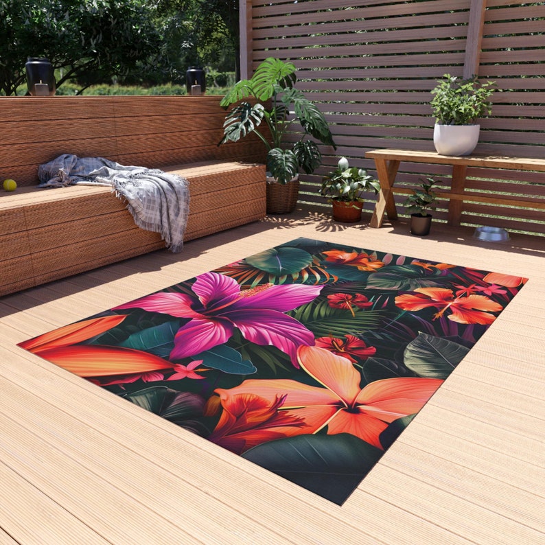Hibiscus Rug Tropical Hibiscus, Plumeria and Green Leaves Indoor/outdoor Rug ...