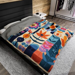 Vibrant Garden Plush Velveteen Blanket - Mary Blair Inspired - Super Soft - Three Sizes Available 画像 4