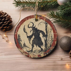 Vintage Style Krampus Hunting in the Snowy Woods Ceramic Ornament, Christmas Decoration, Krampus Holiday Gift, Dark Winter Ornament