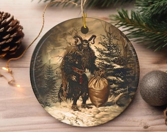 Krampus Christmas Ornament | Dark Santa Holiday Decor | Yule Tree Ornament | Old World Ceramic Disc Ornament | Krampusnacht Gift