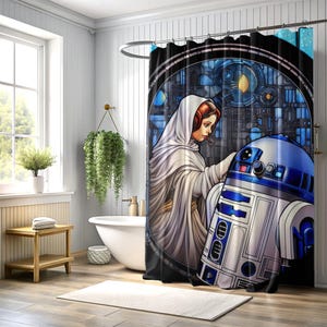 Leia's Iconic Bond with R2-D2 - Stained Glass Style Shower Curtain | Rebel Princess Shower Curtain / Galactic Home Decor
