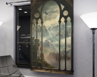Window Blackout Curtain - #8 Fantasy Castle Window with Misty Mountains and Flying Dragons - Perfect Gift for Fantasy Lovers - 50&quot; × 84&quot;