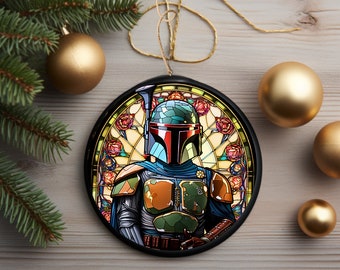Boba's Galactic Majesty: Stained Glass Style Holiday Ornament / Ceramic Double-Sided Ornament